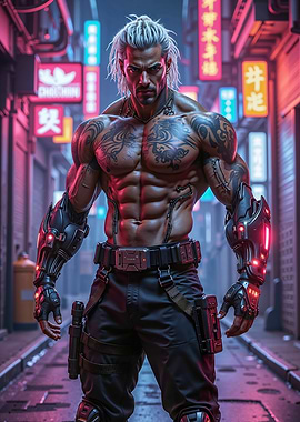 Cyberpunk Warrior in Neon Alley