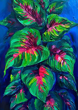 Vibrant Green and Pink Leaf Painting