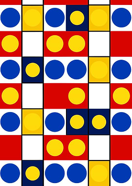 Abstract Seamless Geometric Pattern with Primary Colors ,Circles and Squares Metal Wall Print Art