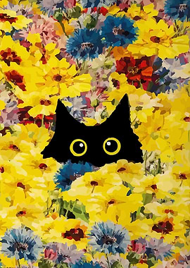 Black Cat in Yellow Flower Field