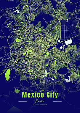 Mexico City Map - Green and Blue