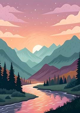Mountain River Sunset Landscape Illustration