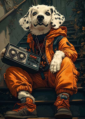 Dalmatian Dog with Boombox on Stairs