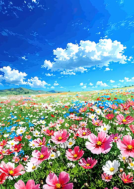 Colorful Flower Field Under Blue Sky