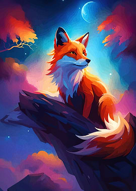 Fox on a Rock at Night