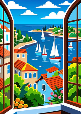 Coastal View from Window with Sailboats Metal Wall Print Art