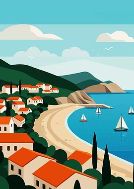 Coastal Village with Sailboats Illustration
