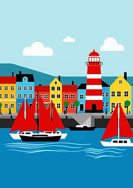 Coastal Town with Lighthouse and Sailboats