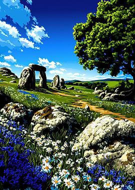Stonehenge Landscape with Flowers and Tree