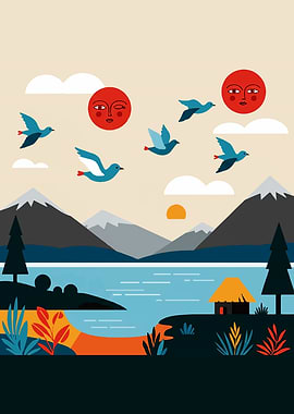 Stylized Landscape with Birds and Suns