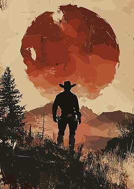 Silhouette Cowboy Under Red Sun