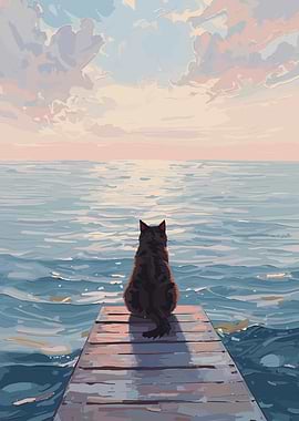 Cat on Dock at Sunset