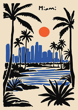 Miami Cityscape with Palm Trees