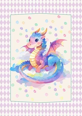 Cute Watercolor Dragon on Clouds