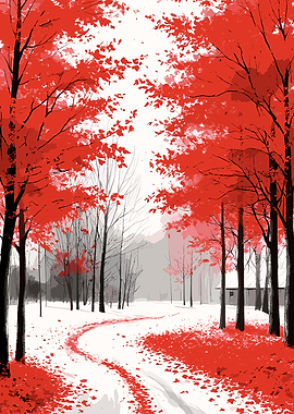 Red Autumn Trees in Winter Landscape