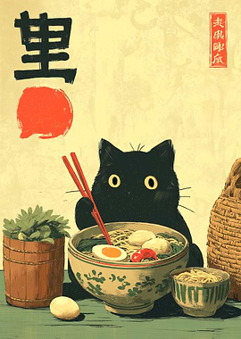 Black Cat with Ramen Bowl Art
