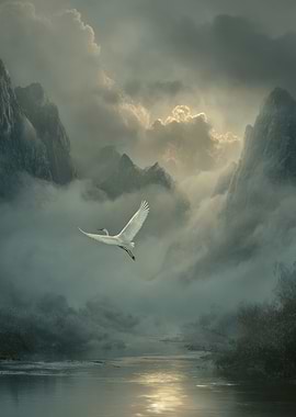 White Egret Flying Over Misty Landscape