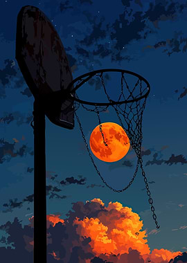 Basketball hoop with moon and clouds