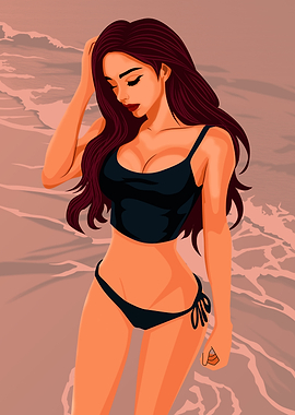 Woman in Bikini on Beach Illustration