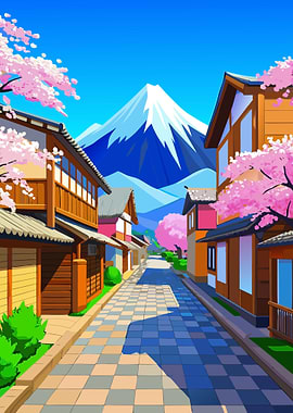 Japanese Street with Mount Fuji Metal Wall Print Art