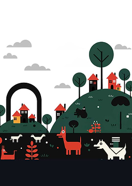 Cartoon Landscape with Houses and Animals