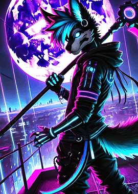 Cyberpunk Furry with Moonlit Cityscape