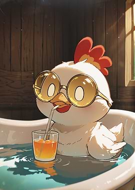 Cartoon Chicken Relaxing in Bathtub