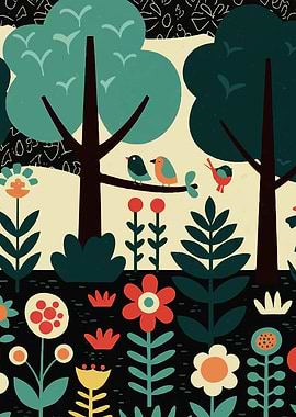 Stylized Forest Scene with Birds
