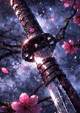 Katana in Cherry Blossom Rain