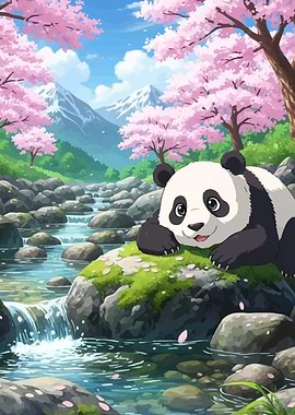 Panda Cherry Blossom Landscape
