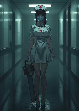 Anime Nurse with Chainsaw in Hallway