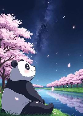 Panda Cherry Blossoms Night
