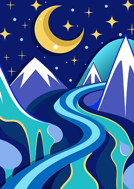 Majestic Surreal Nightscape with Blue Winding River Metal Wall Print Art