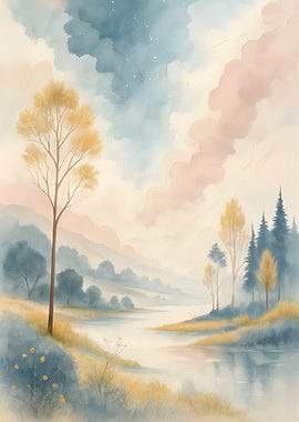 Watercolor Landscape with River and Trees