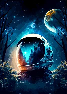 Astronaut Helmet in Forest at Night