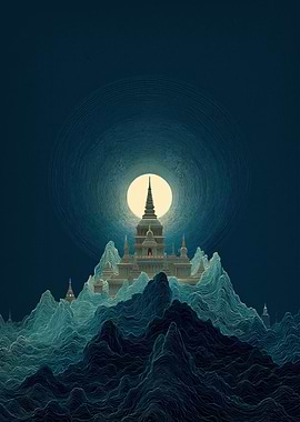 Mountain Temple Under a Celestial Glow