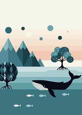 Whale and Fish Minimalist Landscape