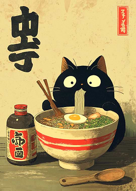 Black Cat Enjoying Ramen