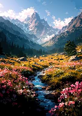 Mountain Meadow Landscape with Stream