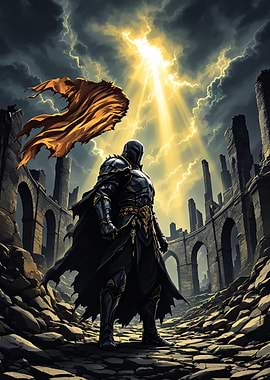 Armored Knight in Ruined Cityscape