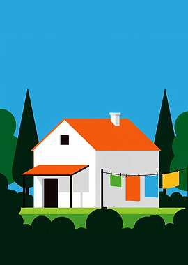 Minimalist House with Clothesline Illustration