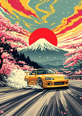 Yellow Supra Drifting Near Mount Fuji