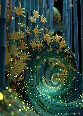 Bamboo Forest Swirl with Golden Flowers