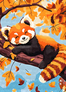 Sleeping Red Panda in Autumn Tree