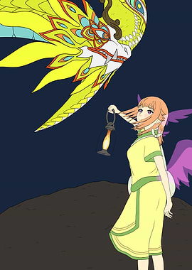 Anime girl with lantern and dragon