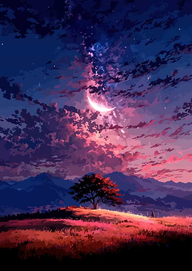 Dreamy Landscape with Crescent Moon