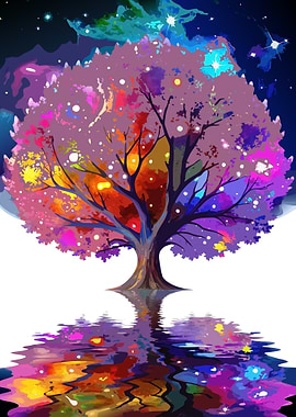 Vibrant Cosmic Tree of Life Digital Painting Metal Print Wall Art