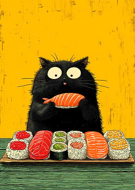 Black Cat with Sushi Feast
