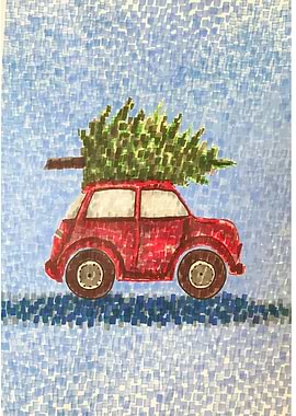 Red Car with Christmas Tree Painting