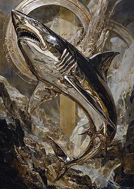 Metallic Shark Sculpture with Ornate Background
